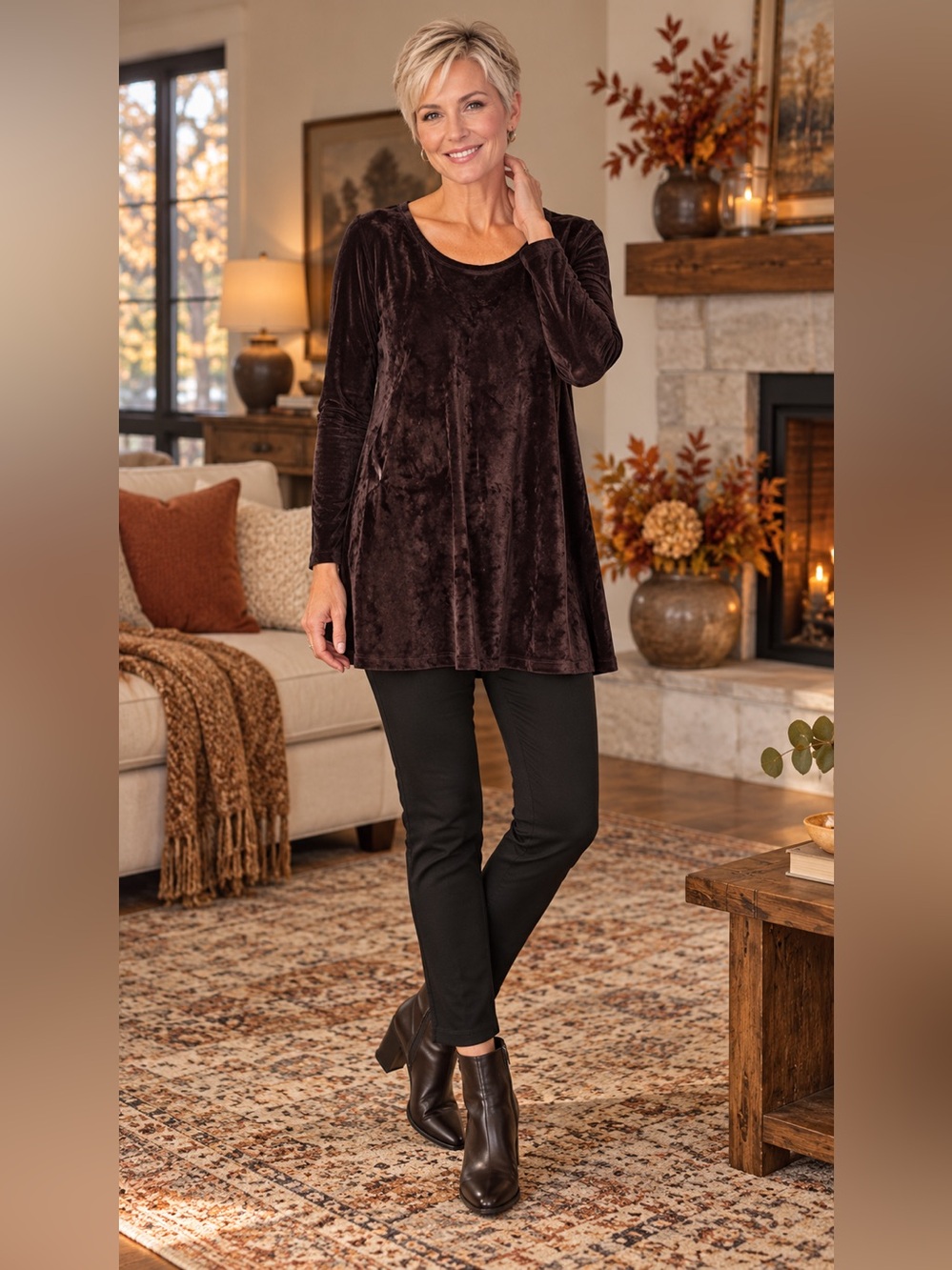Pure Jill J.Jill Small Brown Velour Pima Cotton Shirred Back Tunic